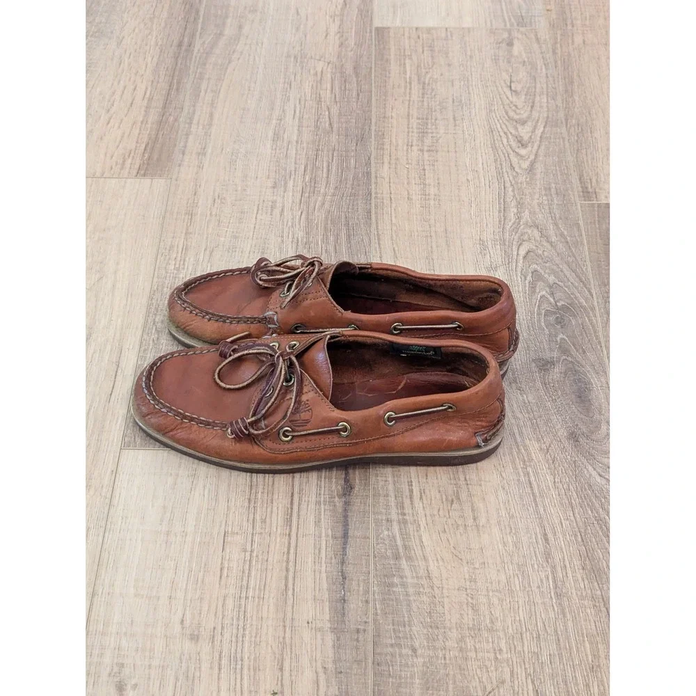 Vintage Timberland Boat Shoes Mens 7.5 M Brown Leather 2 Eye Handsewn USA Made